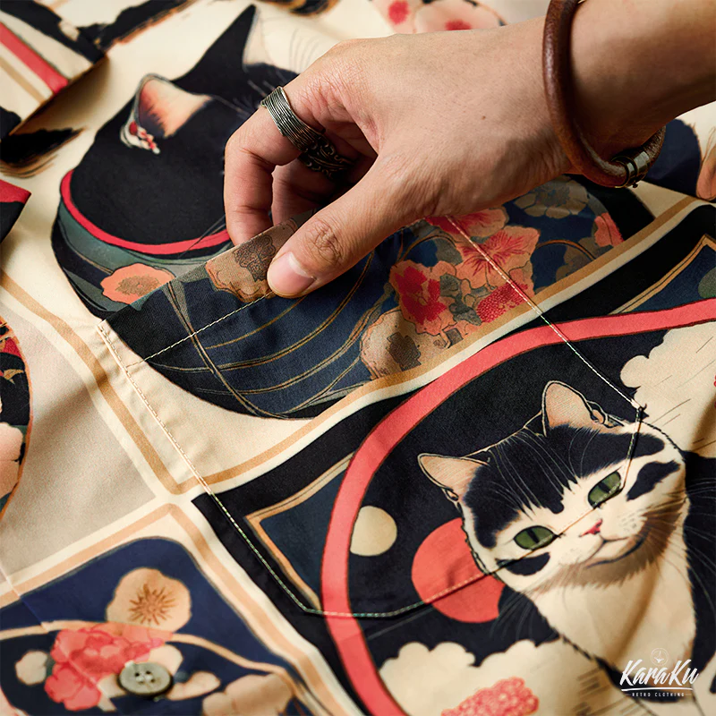 明治時代の猫 総柄 浮世絵風アロハシャツ - Image 13
