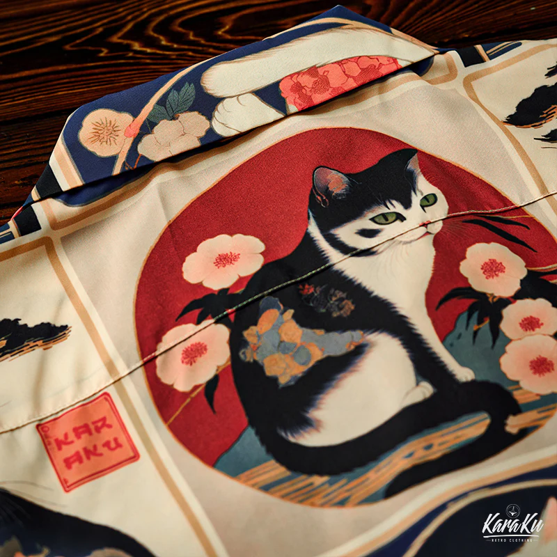 明治時代の猫 総柄 浮世絵風アロハシャツ - Image 19