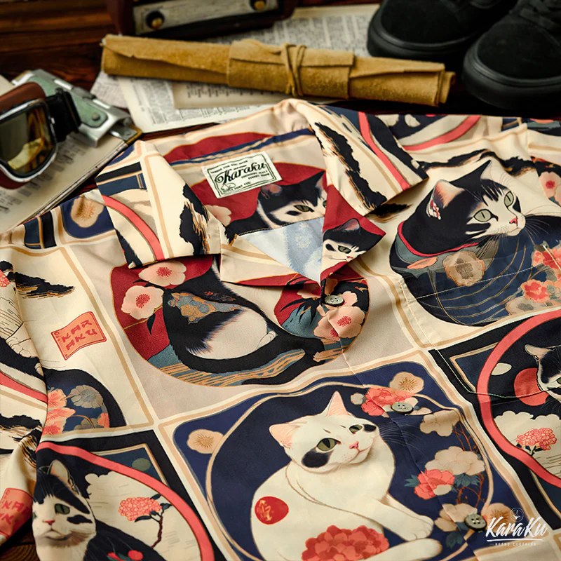 明治時代の猫 総柄 浮世絵風アロハシャツ - Image 5