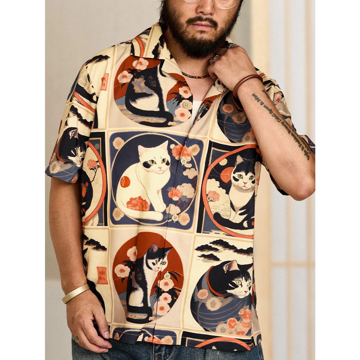 明治時代の猫 総柄 浮世絵風アロハシャツ - Image 7