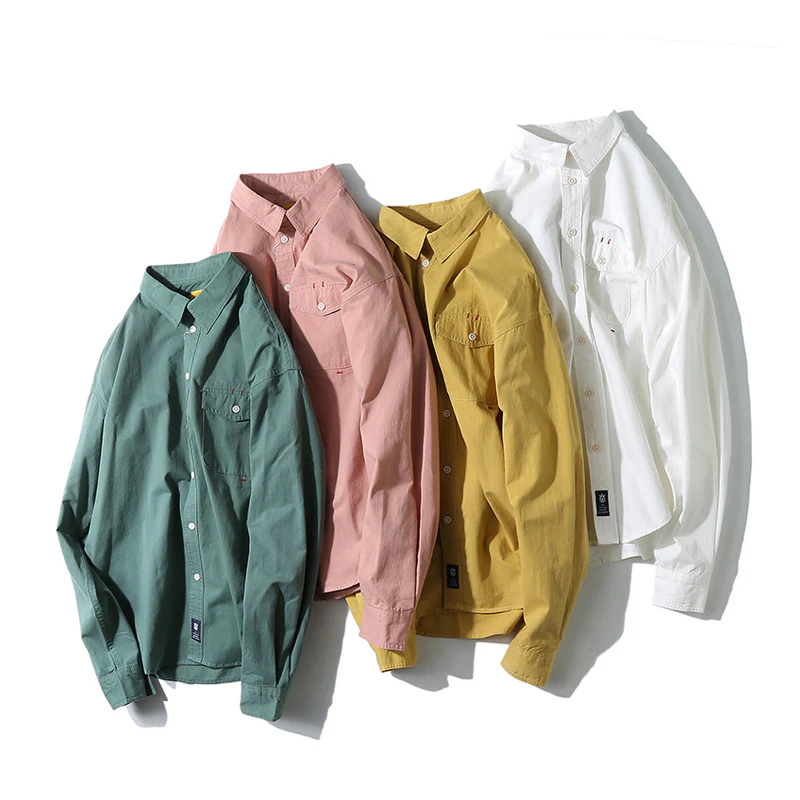 「Spring special」四色展開 レッドステッチ切替無地長袖シャツ - Image 6