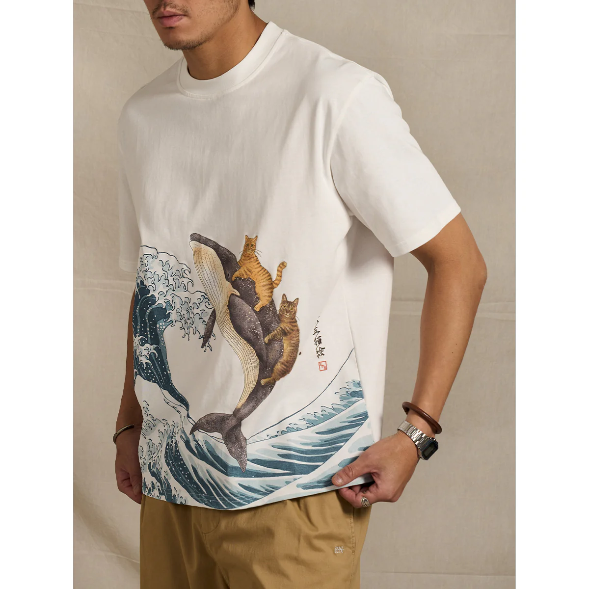 「KaraKuｘ365CAT.ART」鯨と泳ぐ猫　浮世絵柄コットンTee - Image 7