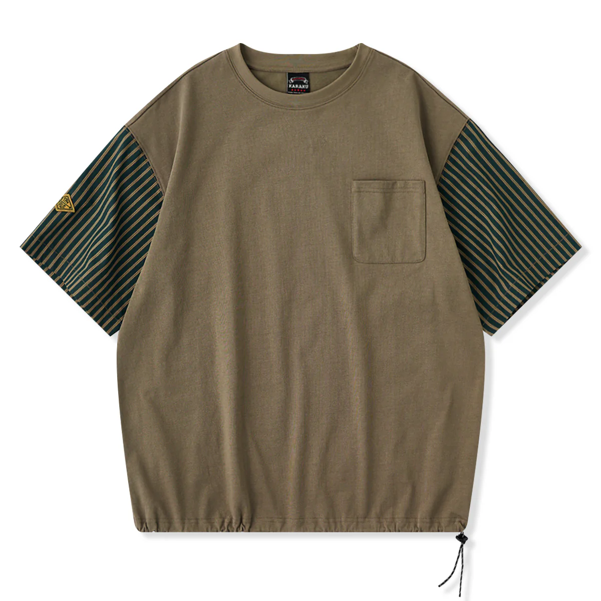 【予約】裾ドローコード付き　レトロストライプ柄袖切り替えコットンTee