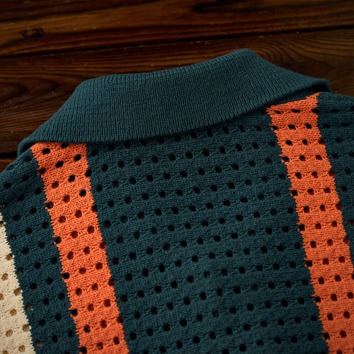 配色ストライプ ポロカラー透かし彫りレースニットセーター - Image 7